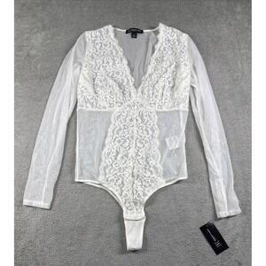 International Concepts Intimates Women's Lace Long Sleeve Bodysuit White M NWT